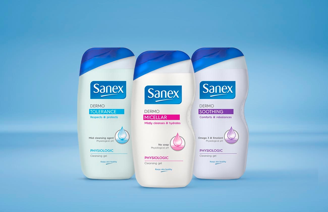 three sanex shower gel bottle