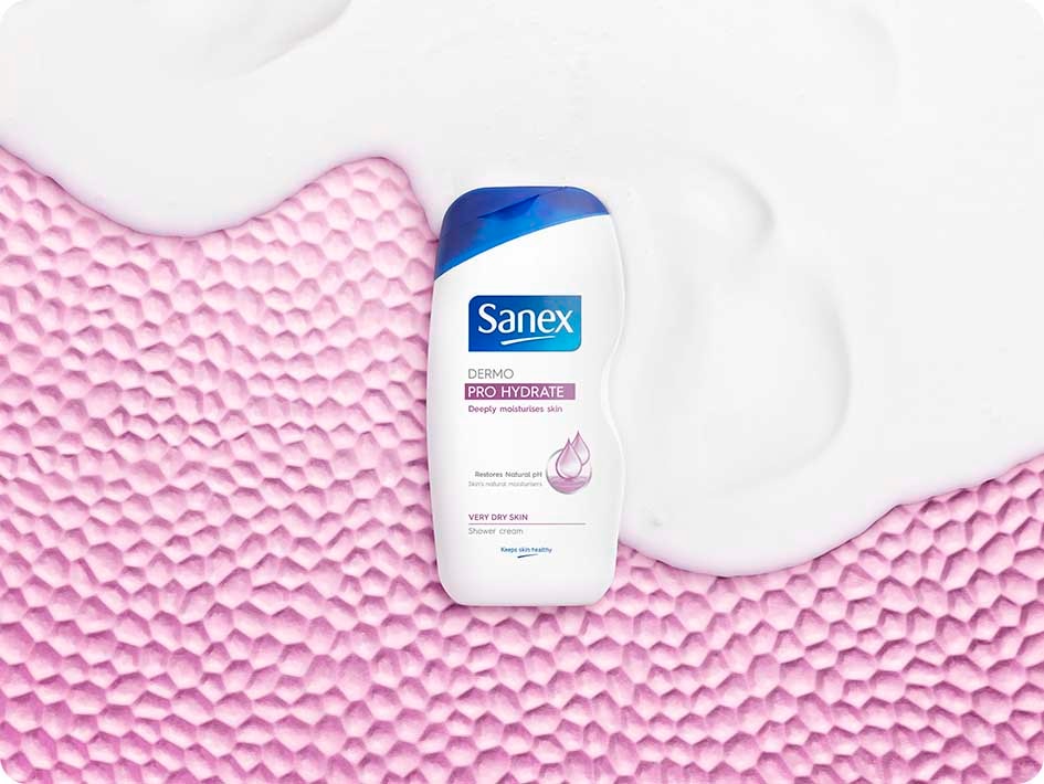 Sanex pro-hydrate shower gel, with a foam background