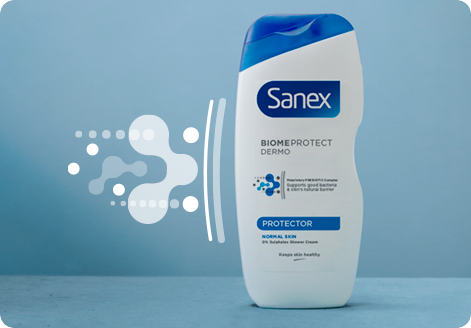 A white and blue shower gel with an icon of micro biome