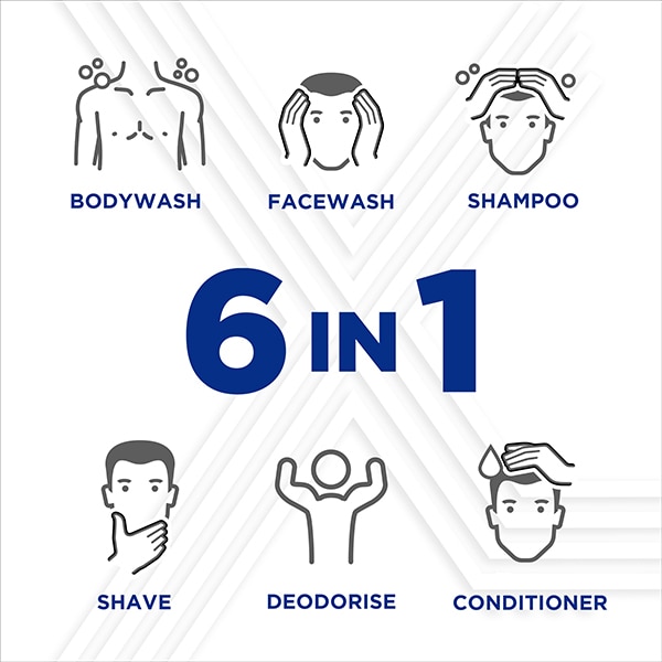 6 in 1, body wash, facewash, shampoo, shave, deodorize and conditioner
